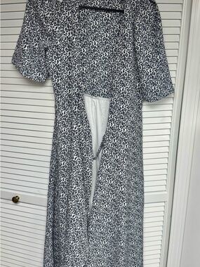 Bobeau Leopard Print Wrap Midi Dress Tie Waist Black White